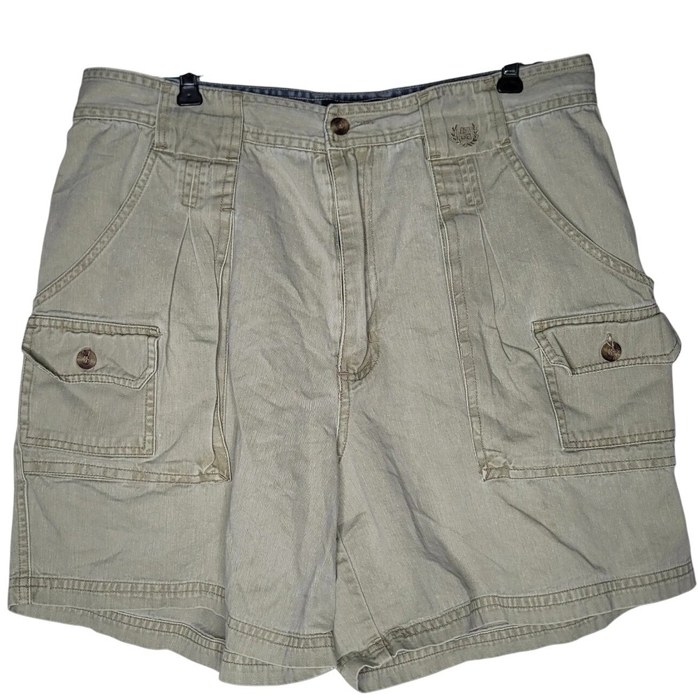 Vintage Givenchy Mens Beige Cotton Canvas Cargo Shorts Flat Front Pockets Button